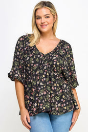 Floral V-neck Babydoll Balloon Slv Top by@Outfy