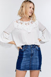 Cute Floral Mesh Lace Accent Yoke Crochet Detailed Tie-back Bell Sleeve Blouse Top - Naughty Smile Fashion