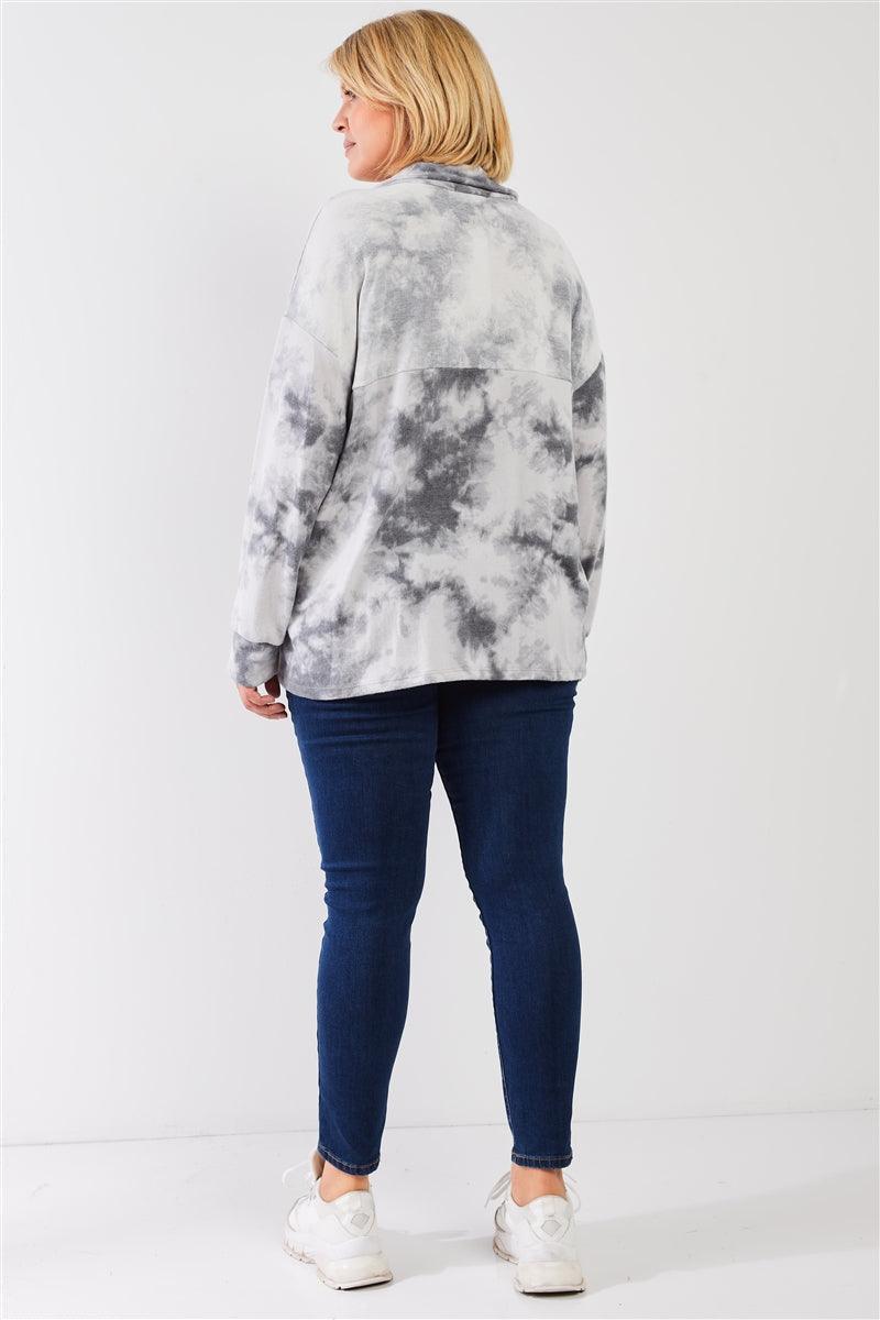Plus Graphite Tie-dye Print Fleece Combo Plush Collared Neck Long Sleeve Loose Fit Top - Naughty Smile Fashion
