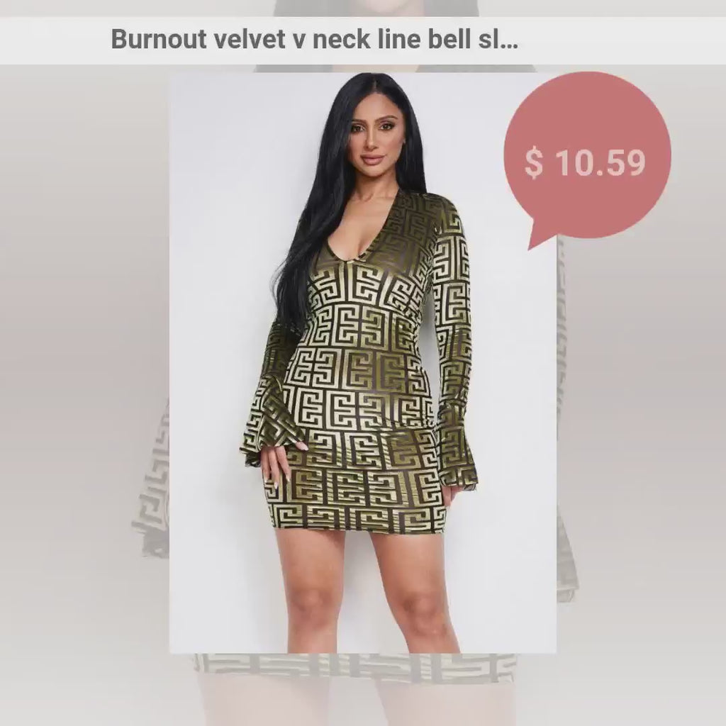 Burnout velvet v neck line bell sleeve dress #Dresswomen #Shorts #Youtubeshorts by@Outfy