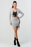 2 Piece Set With Cropped Long Sleeve Shirt With Pu Leather Detail Matching Mini Skirt Naughty Smile Fashion