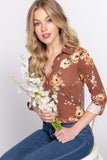3/4 Roll Up Slv Notched Print Knit Top--women dress-Naughty Smile Fashion-Organic Corset Co-USA