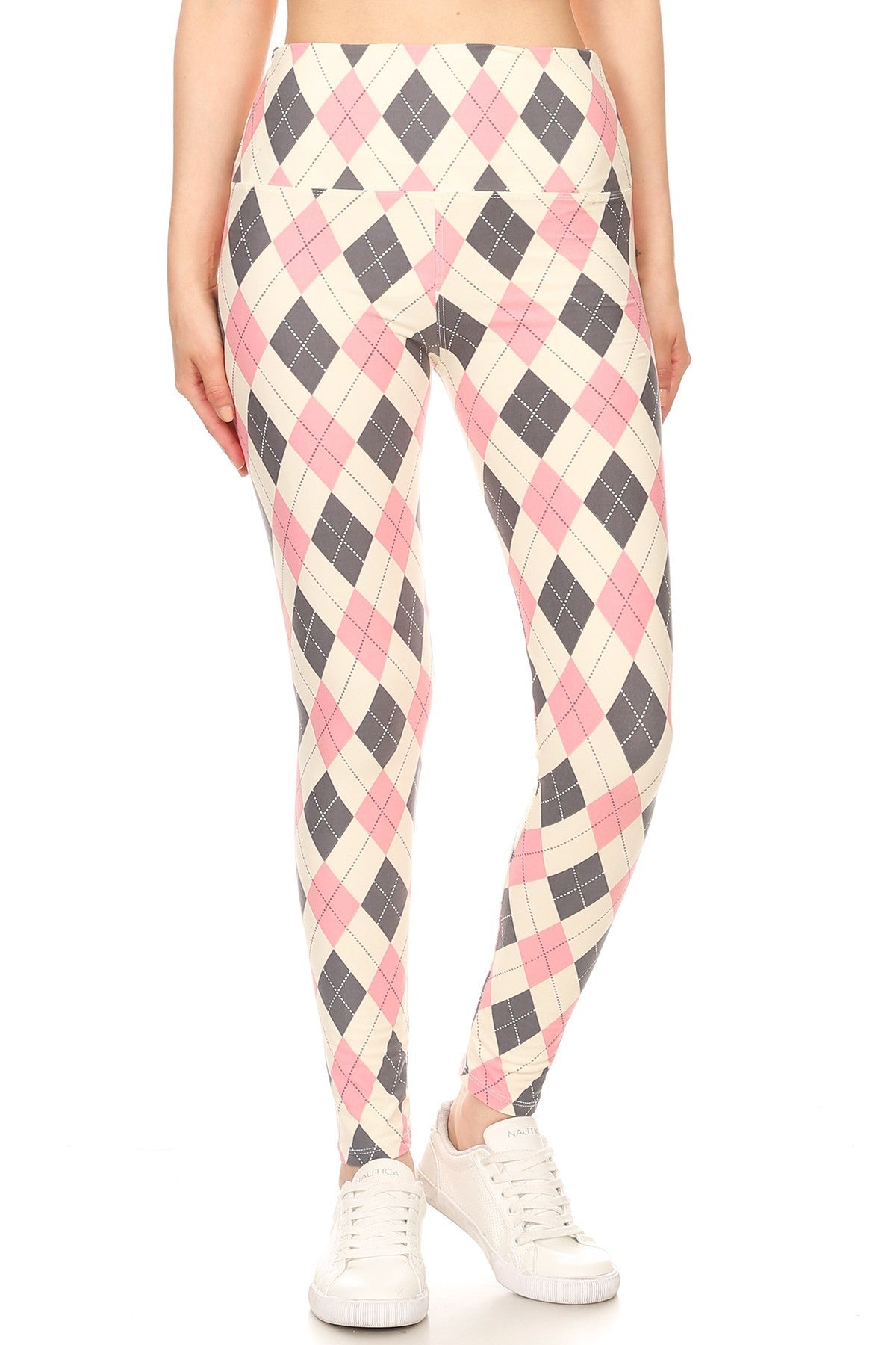 5-inch Long Yoga Style Banded Lined Argyle Printed Knit Legging With High Waist Naughty Smile Fashion