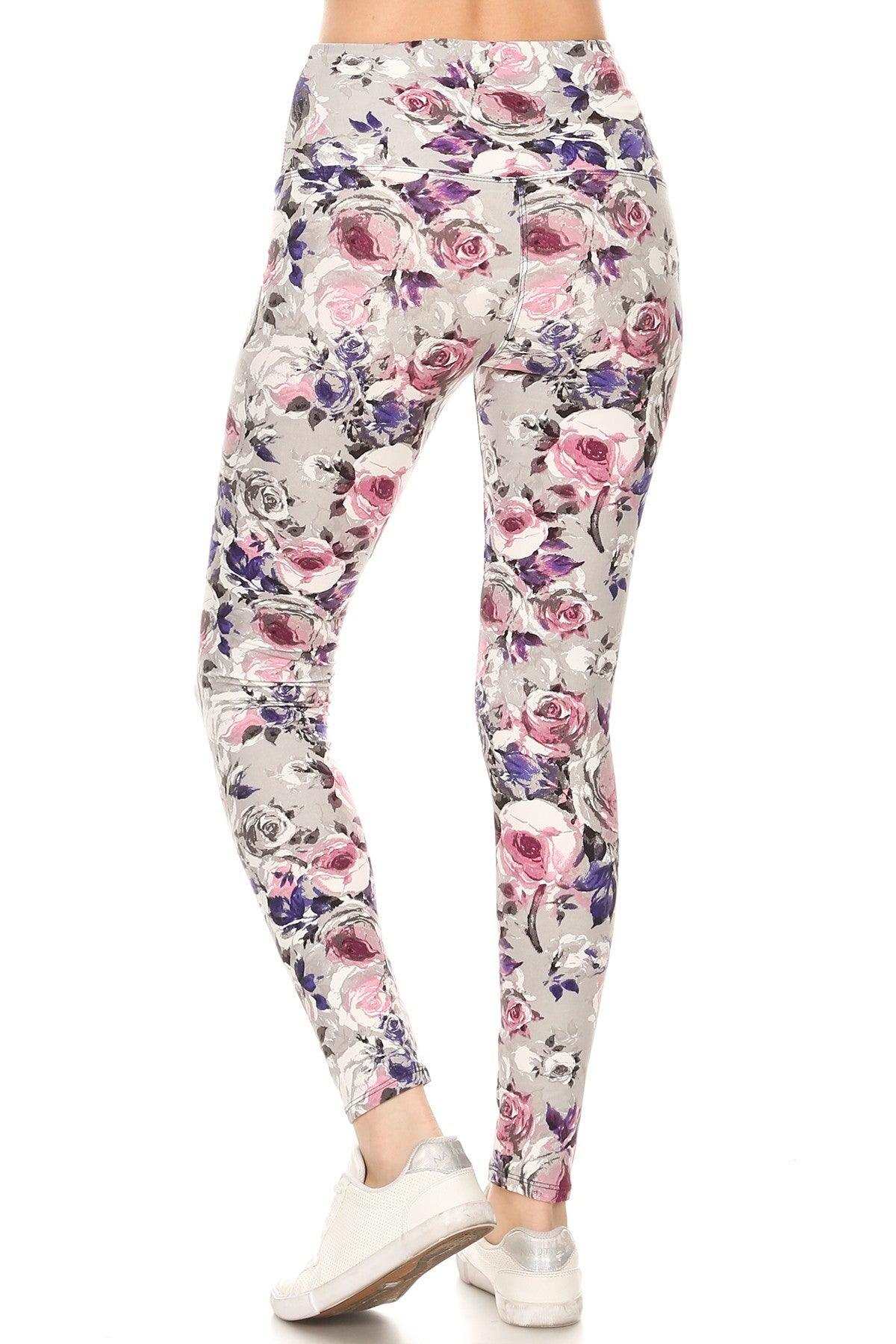 5-inch Long Yoga Style Banded Lined Floral Printed Knit Legging With High Waist Naughty Smile Fashion