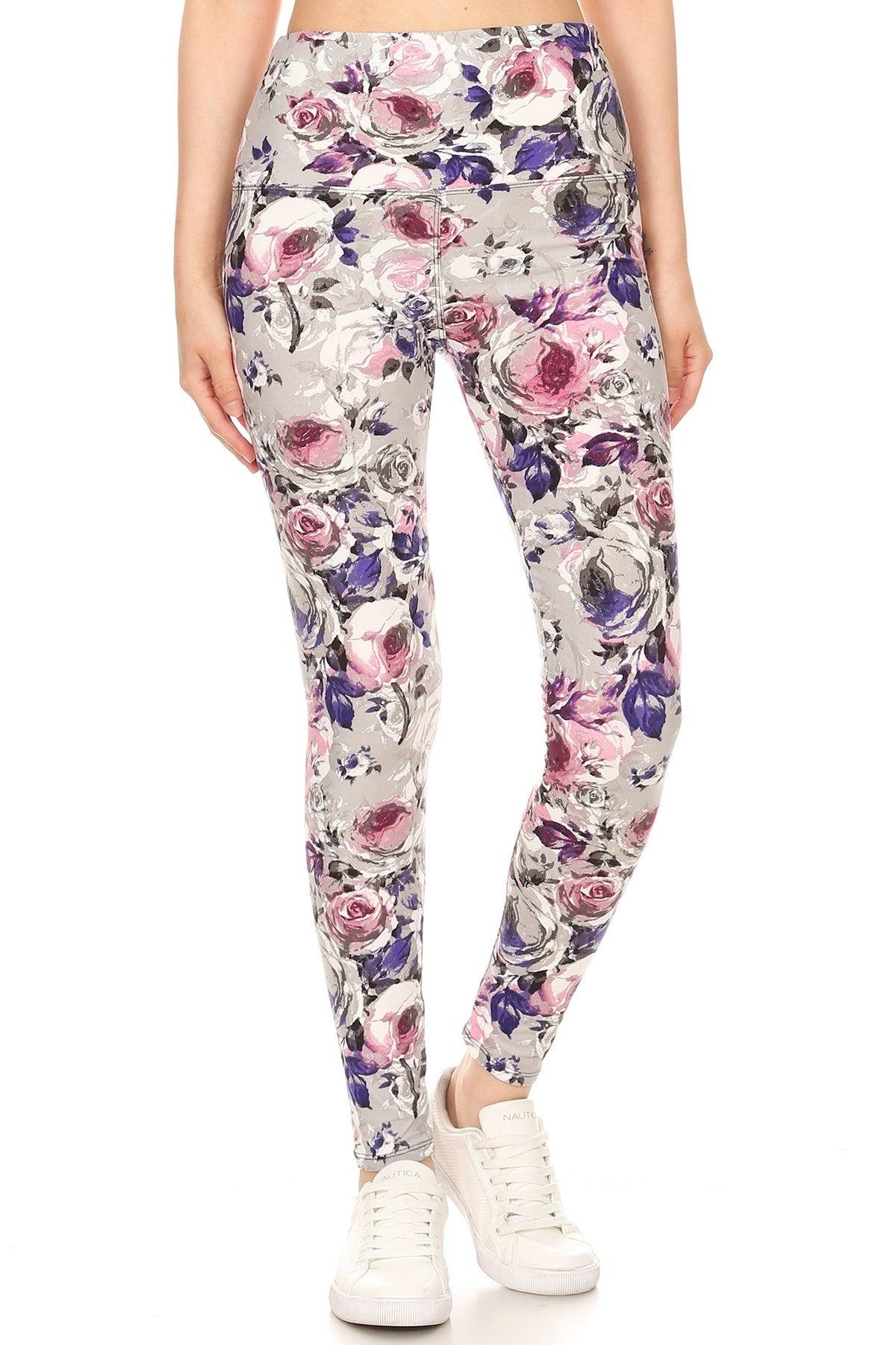 5-inch Long Yoga Style Banded Lined Floral Printed Knit Legging With High Waist Naughty Smile Fashion