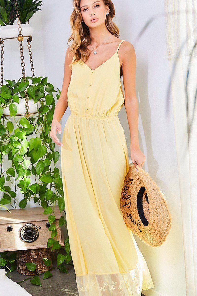 Adjustable Shoulder Strap Button Down Waist Elastic Bottom Contrast Lace Maxi Dress Naughty Smile Fashion