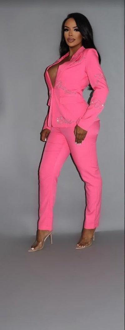 Amazing 2 Piece Powersuit Blazer & Pants Set With Rhinestone Letterings On Blazer Naughty Smile Fashion