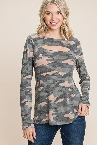 Army Camo Printed Cut Out Neckline Long Sleeves Casual Basic Top Naughty Smile Fashion