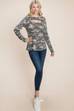 Army Camo Printed Cut Out Neckline Long Sleeves Casual Basic Top Naughty Smile Fashion