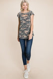 Army Camo Printed Cut Out Neckline Short Flutter Sleeves Casual Basic Top Naughty Smile Fashion