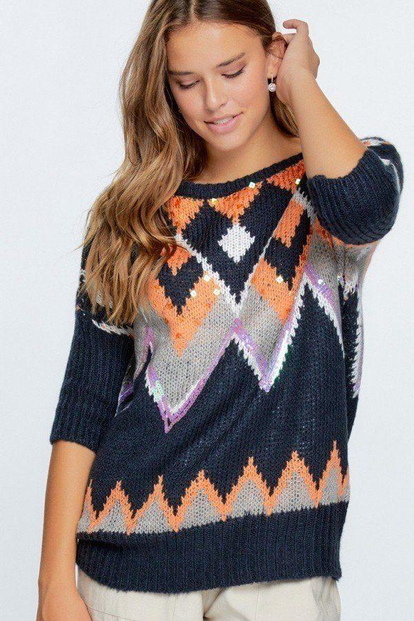 Aztec Pattern With Glitter Accent Sweater Naughty Smile Fashion