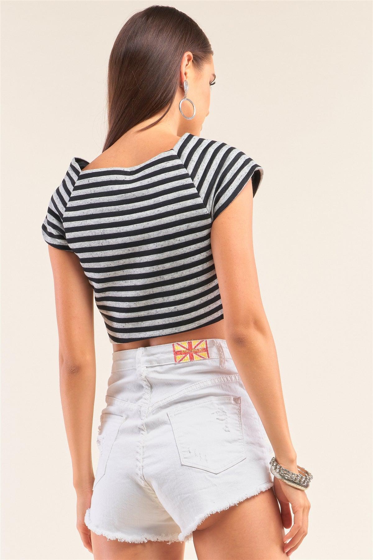 Black And Grey Striped Square Neck Mini Sleeve Cropped Top Naughty Smile Fashion