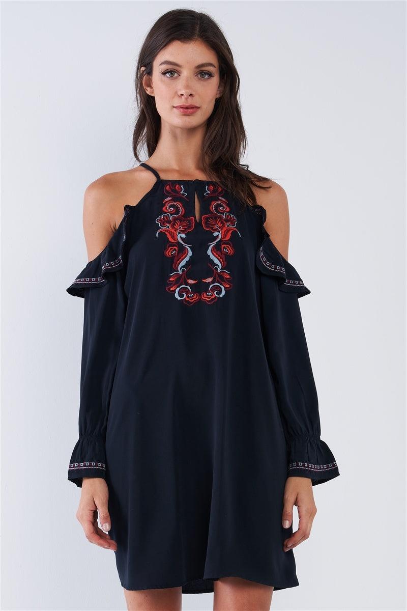 Black Boho Multicolor Traditional Slavic Inspired Floral Embroidery Loose Fit Ruffle Off-the-shoulder Long Sleeve Mini Dress Naughty Smile Fashion