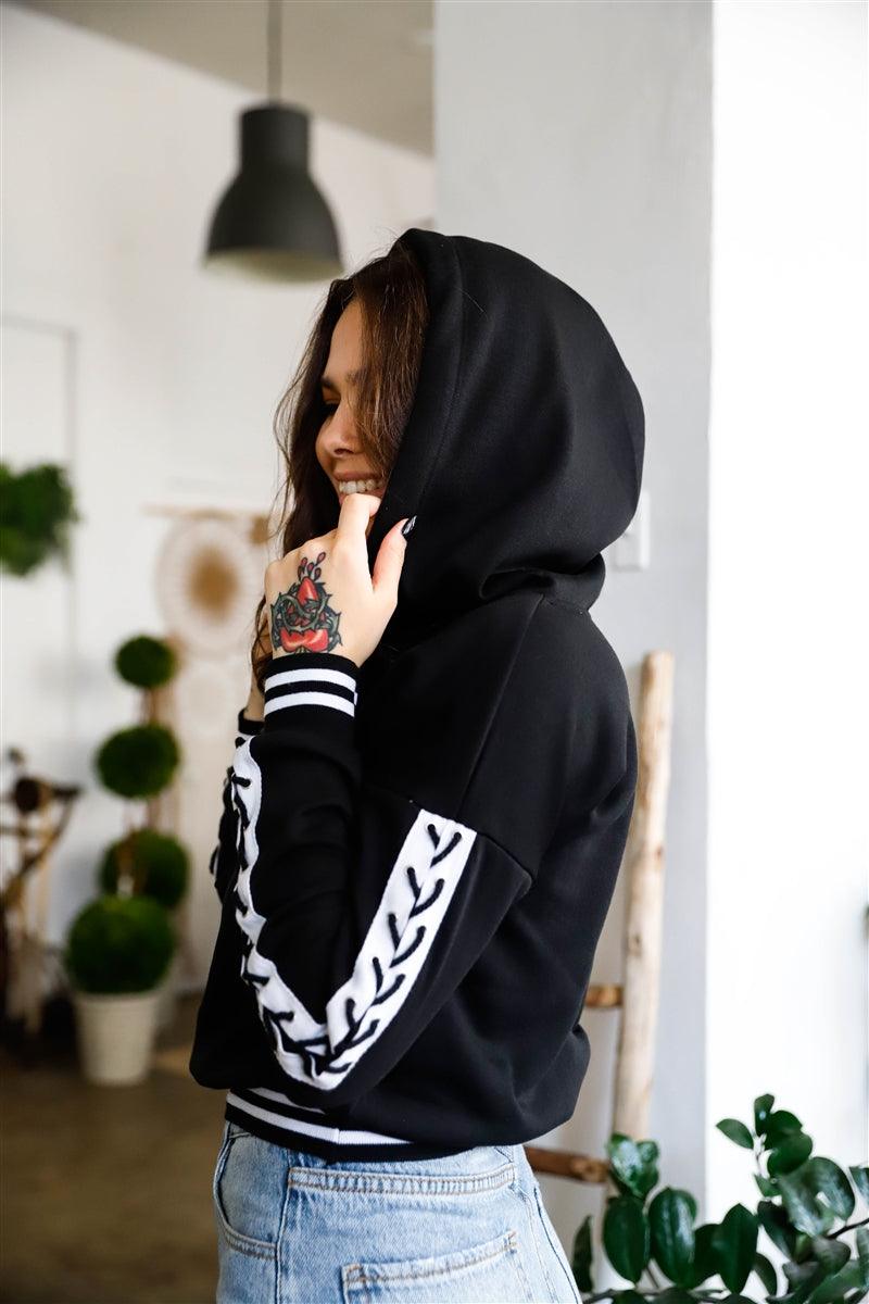 Black Contrast Lace Up Sleeve Detail Striped Cuff & Hem Hooded Sweatshirt Naughty Smile Fashion