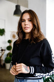Black Contrast Lace Up Sleeve Detail Striped Cuff & Hem Hooded Sweatshirt