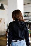 Black Contrast Lace Up Sleeve Detail Striped Cuff & Hem Hooded Sweatshirt