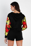 Black & Satin Effect Red & Lime Floral Print Hooded Top & Short Set Naughty Smile Fashion