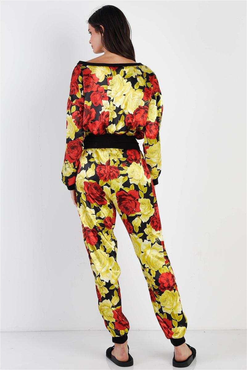 Black & Satin Effect Red & Lime Floral Print V-neck Top & Pants Set #Dresswomen #Shorts #Youtubeshorts