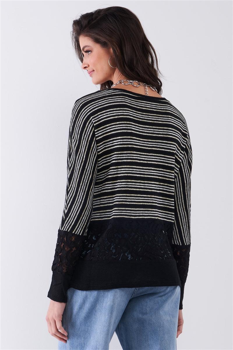 Buying Guide: Stylish and Healthy Dresses 2023 | Fashionably Fit | Black Striped Glitter Weave Crochet Trim Detail Long Sleeve Sweater Top