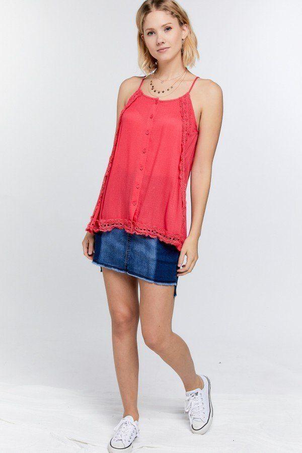 Boho Scallop Lace Trim Detailed Button Down Solid Subtle Textured Slit Side Overlay Layered Cami Top Naughty Smile Fashion