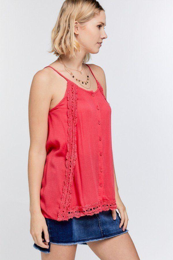 Boho Scallop Lace Trim Detailed Button Down Solid Subtle Textured Slit Side Overlay Layered Cami Top Naughty Smile Fashion