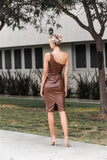 Brown Faux Leather One Shoulder Cut-out Midi Dress Naughty Smile Fashion