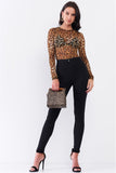 Brown Leopard Print Sheer Mesh Crew Neck Long Sleeve Bodysuit Naughty Smile Fashion