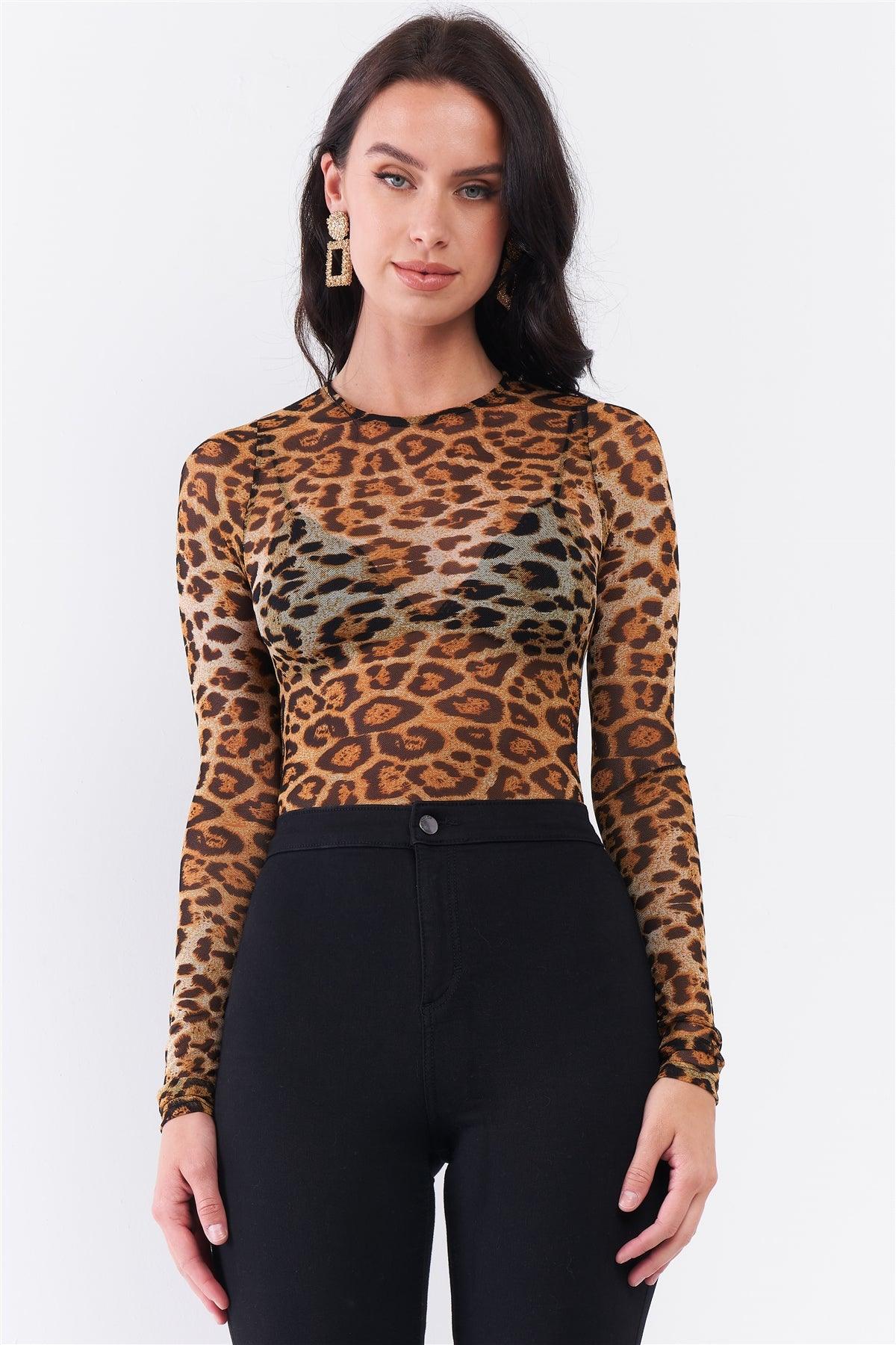 Brown Leopard Print Sheer Mesh Crew Neck Long Sleeve Bodysuit Naughty Smile Fashion