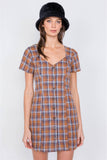 Brown Multi Checkered Stripe Casual Open Back Vintage Mini Dress Naughty Smile Fashion