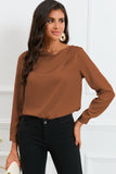 Brown Solid Asymmetric V Neck Long Sleeve Satin Blouse Naughty Smile Fashion