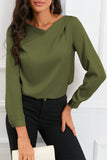 Brown Solid Asymmetric V Neck Long Sleeve Satin Blouse Naughty Smile Fashion