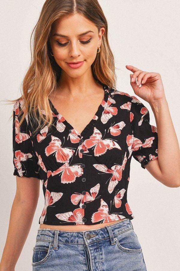 Butterfly Vneck Crop Smocked Back Waist Naughty Smile Fashion