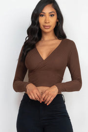 Ribbed Wrap Front Long Sleeve Top by@Outfy