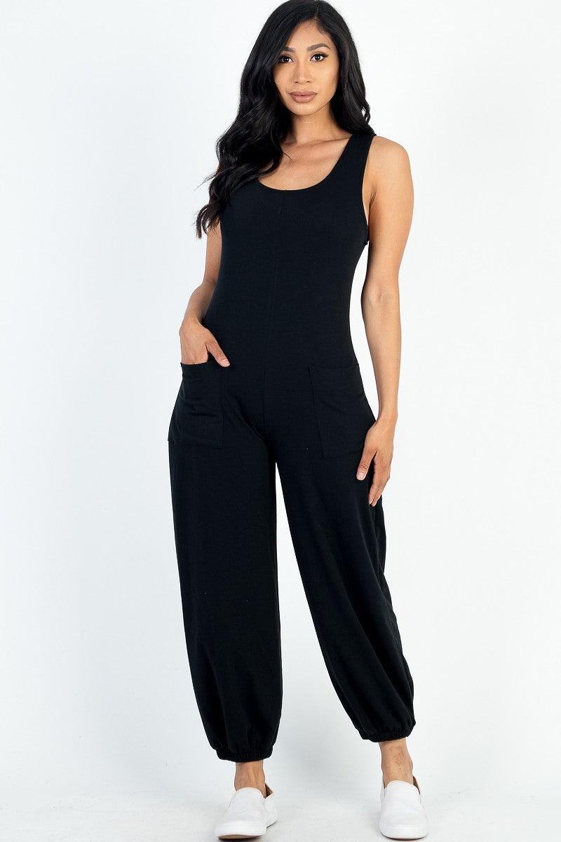 Casual Solid French Terry Sleeveless Scoop Neck Front Pocket Jumpsuit Naughty Smile Fashion