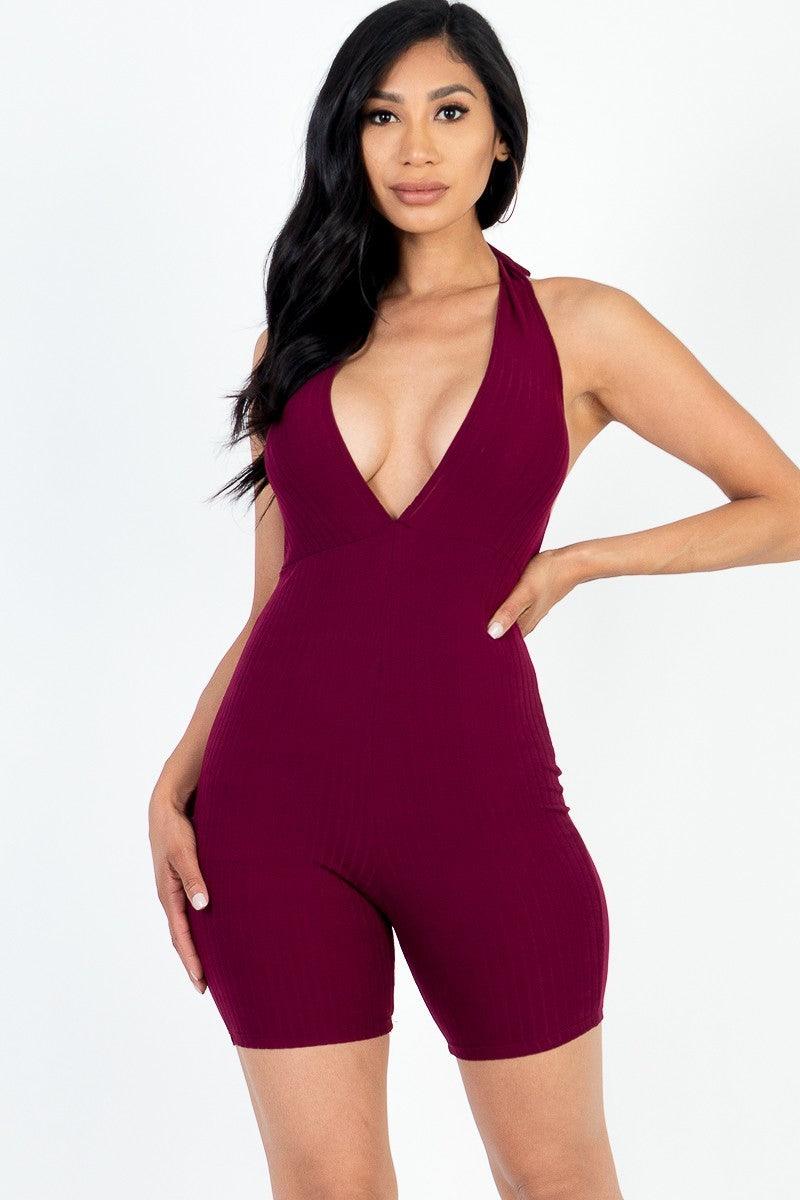 Casual Solid Halter V Neck Ribbed Bodycon Romper Naughty Smile Fashion
