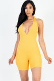 Casual Solid Halter V Neck Ribbed Bodycon Romper Naughty Smile Fashion
