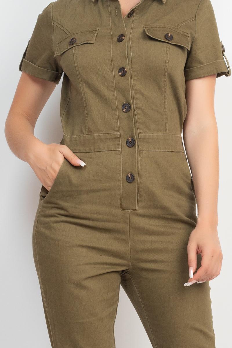 Collared Button-front Jumpsuit Naughty Smile Fashion