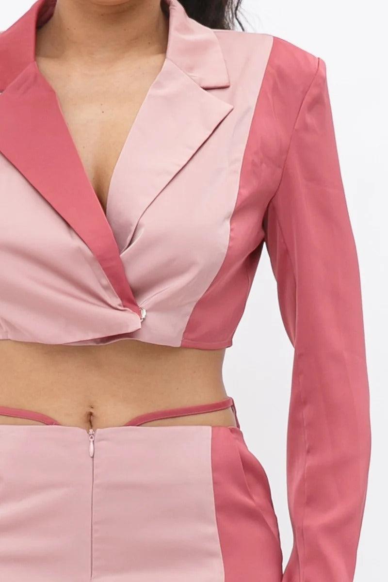 Colorblock Crop Blazer With Matching Low Rise Wide Leg Pant Set With Pockets Naughty Smile Fashion