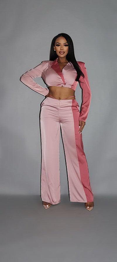 Colorblock Crop Blazer With Matching Low Rise Wide Leg Pant Set With Pockets Naughty Smile Fashion