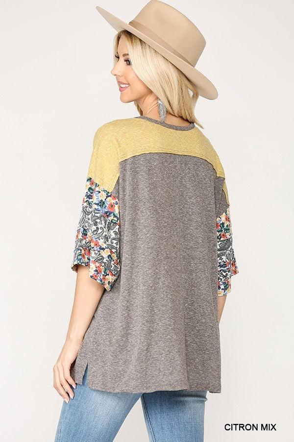 Colorblock Knit And Floral Print Mixed Top With Dolman Sleeve Naughty Smile Fashion