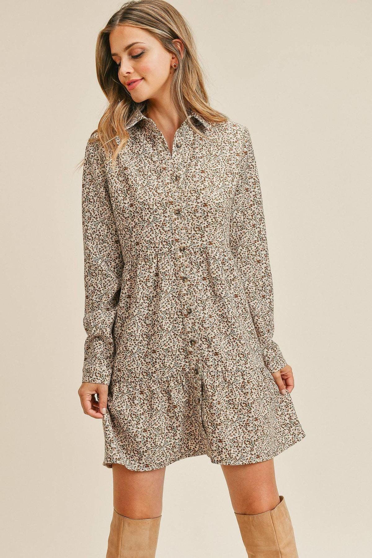 Corduroy Printed Button Down Front Collar Long Sleeve Dress Naughty Smile Fashion