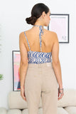 Cream & Blue Wave Print Mesh Asymmetrical Neck Self-tie Strap Bodysuit--women dress-Naughty Smile Fashion-Organic Corset Co-USA
