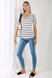 Cream & Grey Striped V-neck With Vegan Leather Detail Short Roll Up Sleeve Relaxed Fit Top Naughty Smile Fashion