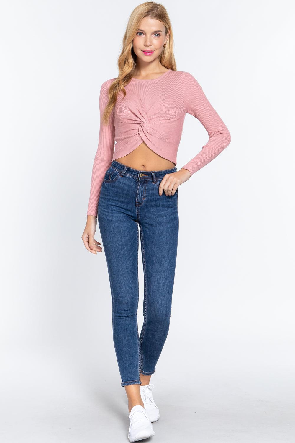 Crew Neck Knotted Crop Sweater Naughty Smile Fashion
