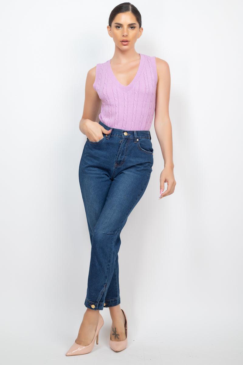 Cuffed-button Mom Jeans Naughty Smile Fashion