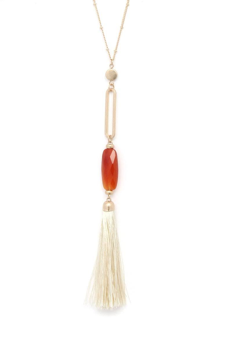 Cut Out Long Oval Bead Tassel Pendant Necklace