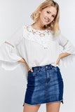 Cute Floral Mesh Lace Accent Yoke Crochet Detailed Tie-back Bell Sleeve Blouse Top