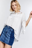 Cute Floral Mesh Lace Accent Yoke Crochet Detailed Tie-back Bell Sleeve Blouse Top Naughty Smile Fashion