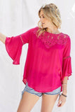 Cute Floral Mesh Lace Accent Yoke Crochet Detailed Tie-back Bell Sleeve Blouse Top Naughty Smile Fashion