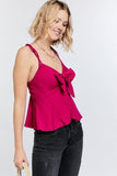 Cutout Detail Ruched Twist Bow Sweetheart Neckline Smocked Back Ribbon Tie Spaghetti Strap Cami Top